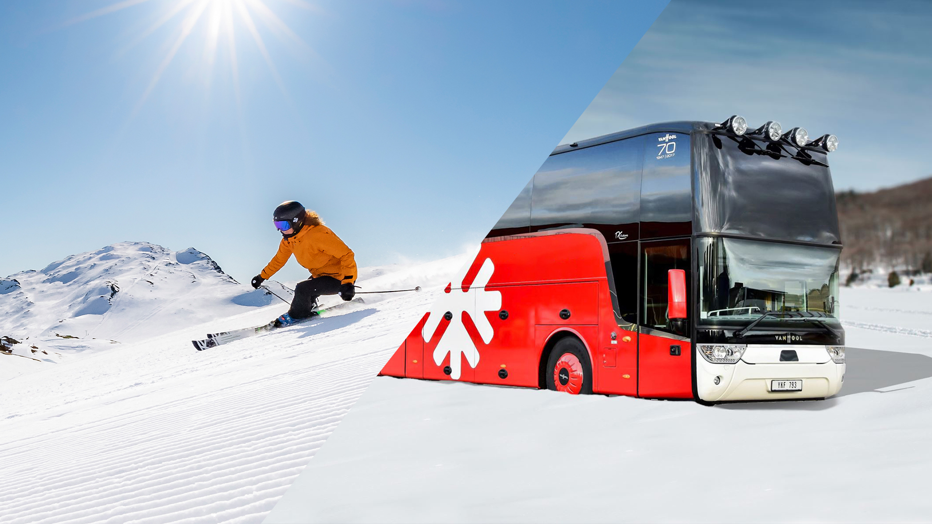 Skidåkare i backen under klarblå himmel med sol och röd turistbuss i snötäckt landskap, vintersemesterresa