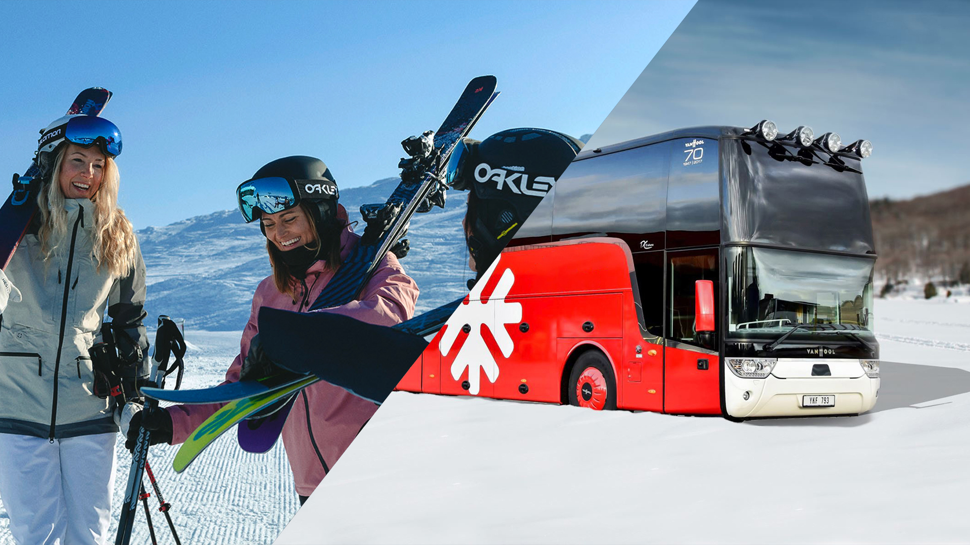 Två glada skidåkare med skidor på axlarna står på en snötäckt backe. Bredvid syns en röd och svart skidbuss redo för avresa i snölandskap
