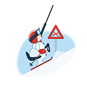 Tecknad snögubbe på skidor med hjälm åker uppför en backe bredvid en varningsskylt