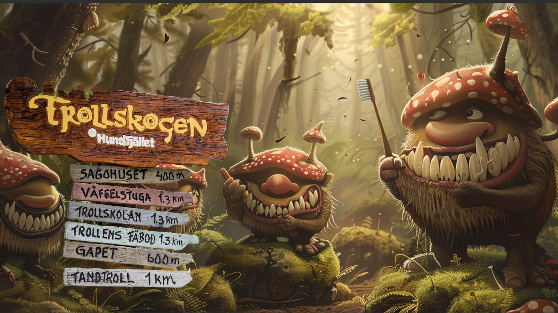 Troll i skogen med stora tänder och svamphattar håller en tandborste. Skyltar visar avstånd till Sagohuset, Våffelstuga, Trollskolan, Trollens fäbod, Gapet och Tandtröll i Trollskogen Hundfjället